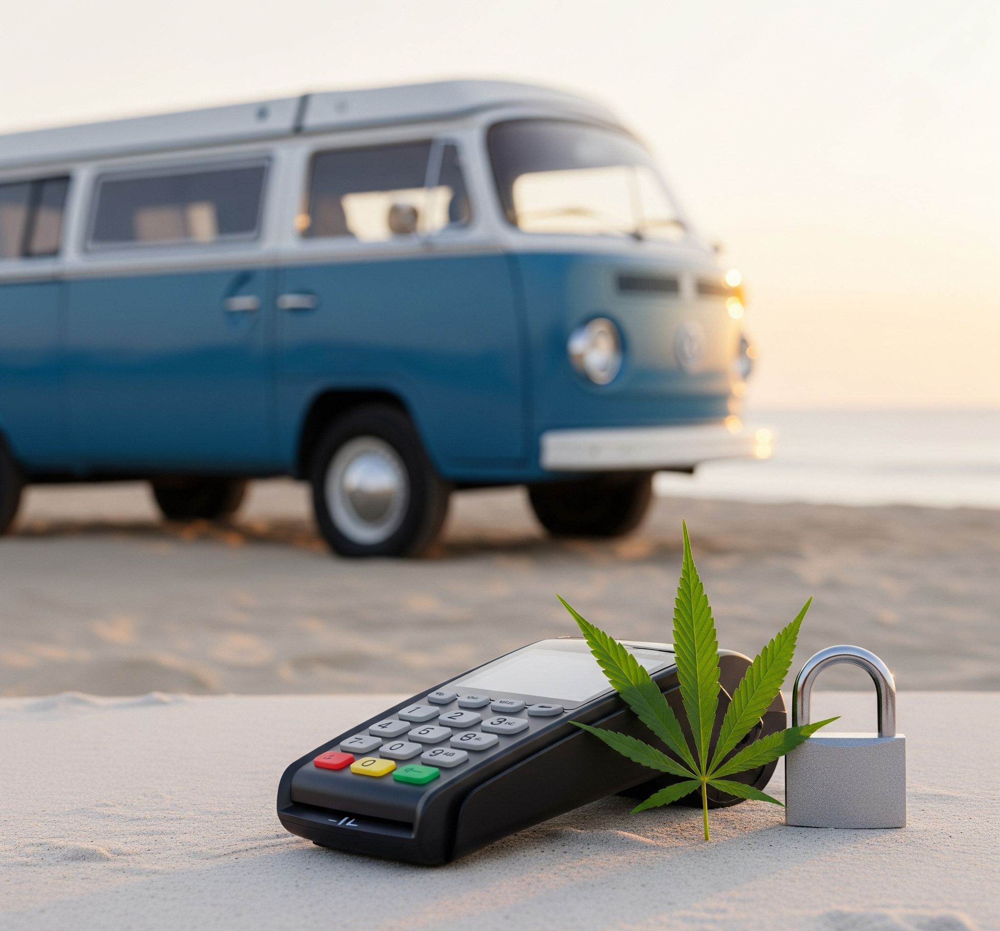 A vintage VW bus on a beach.